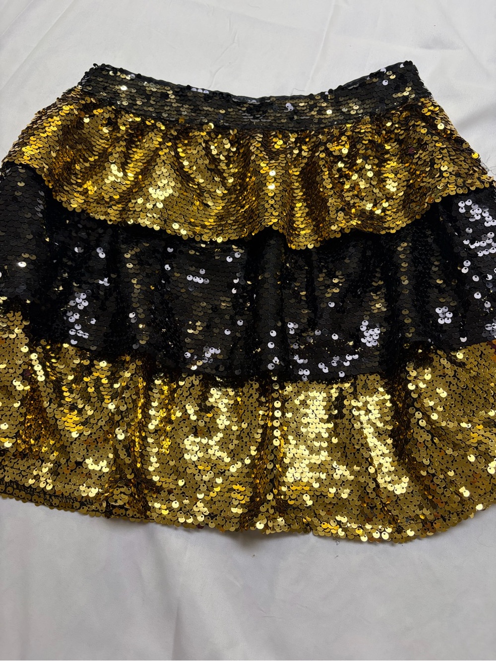 Peach Love California Black and Gold Sequin Tiered Mini Skirt